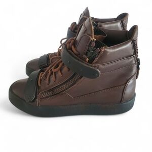 GIUSEPPE ZANOTTI Coby Brown Black Leather Zippered Lace-Up HighTop Sneakers SZ 9